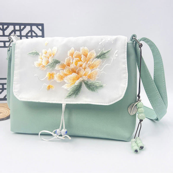 Sac à bandoulière brodé en Buddha Stones , camélia, épiphyllum, gardénia, fleurs de Sakura, sac à bandoulière, sac pour téléphone portable