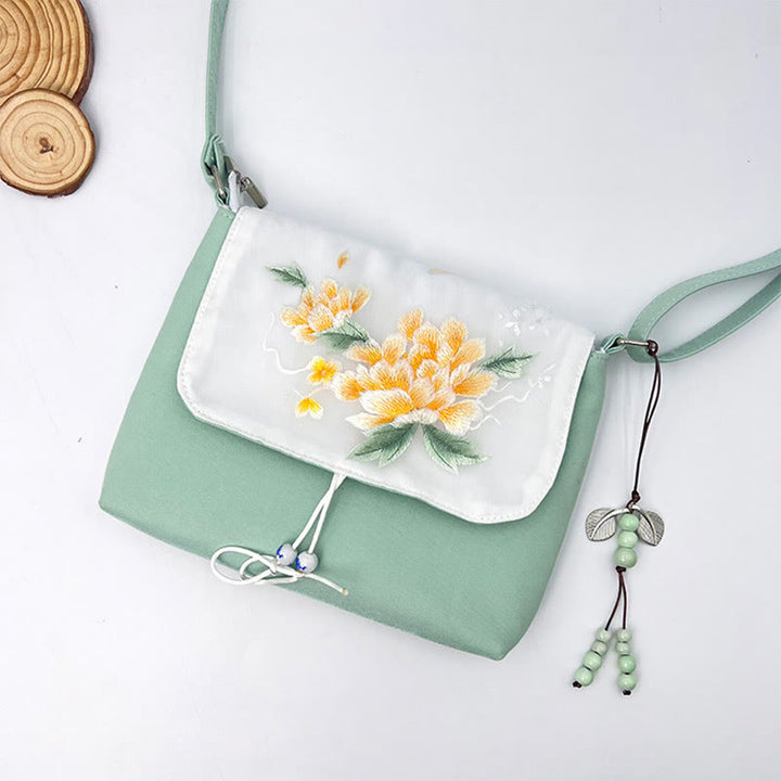 Sac à bandoulière brodé en Buddha Stones , camélia, épiphyllum, gardénia, fleurs de Sakura, sac à bandoulière, sac pour téléphone portable