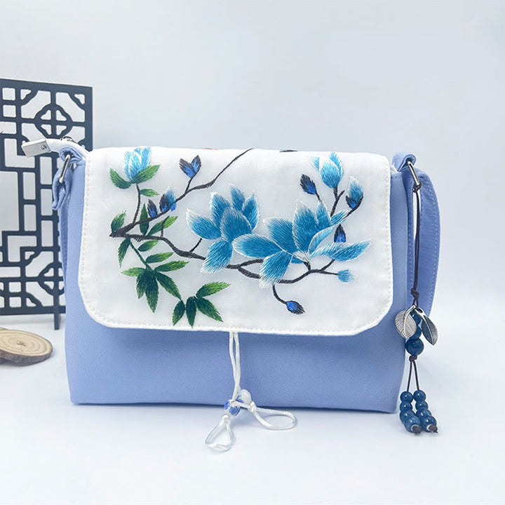 Sac à bandoulière brodé en Buddha Stones , camélia, épiphyllum, gardénia, fleurs de Sakura, sac à bandoulière, sac pour téléphone portable