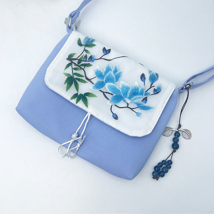 Sac à bandoulière brodé en Buddha Stones , camélia, épiphyllum, gardénia, fleurs de Sakura, sac à bandoulière, sac pour téléphone portable