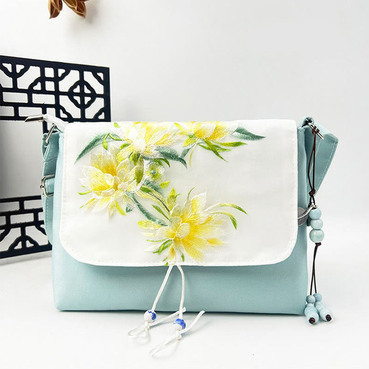 Sac à bandoulière brodé en Buddha Stones , camélia, épiphyllum, gardénia, fleurs de Sakura, sac à bandoulière, sac pour téléphone portable
