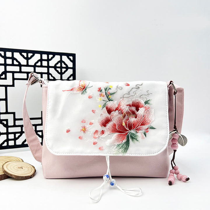 Sac à bandoulière brodé en Buddha Stones , camélia, épiphyllum, gardénia, fleurs de Sakura, sac à bandoulière, sac pour téléphone portable