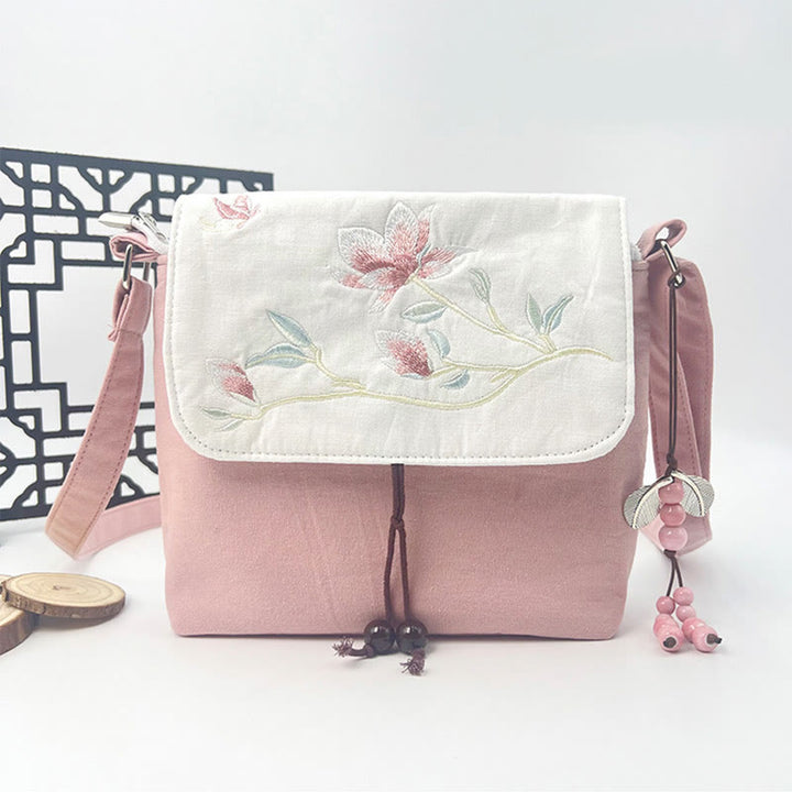 Sac à bandoulière brodé en Buddha Stones , camélia, épiphyllum, gardénia, fleurs de Sakura, sac à bandoulière, sac pour téléphone portable