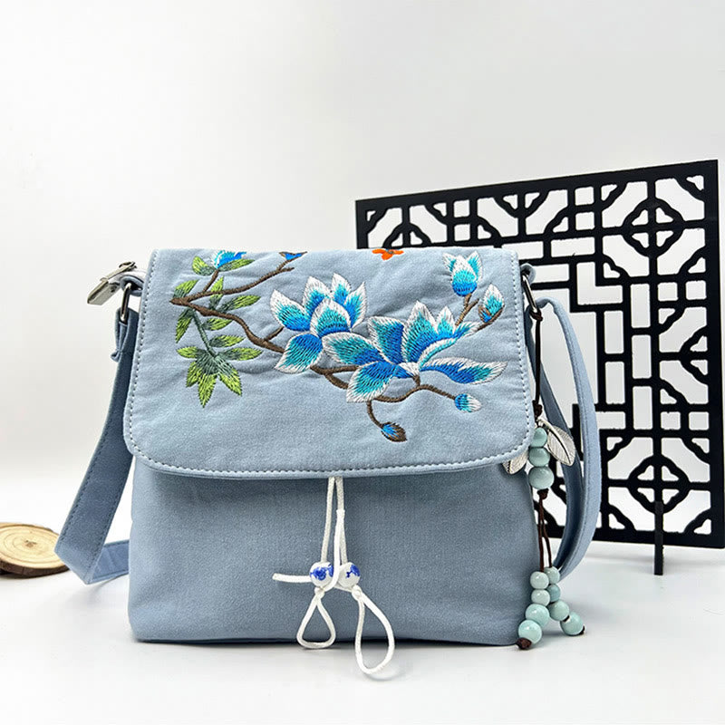Sac à bandoulière brodé en Buddha Stones , camélia, épiphyllum, gardénia, fleurs de Sakura, sac à bandoulière, sac pour téléphone portable