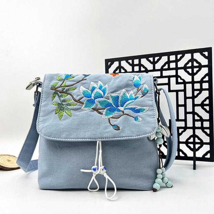 Sac à bandoulière brodé en Buddha Stones , camélia, épiphyllum, gardénia, fleurs de Sakura, sac à bandoulière, sac pour téléphone portable