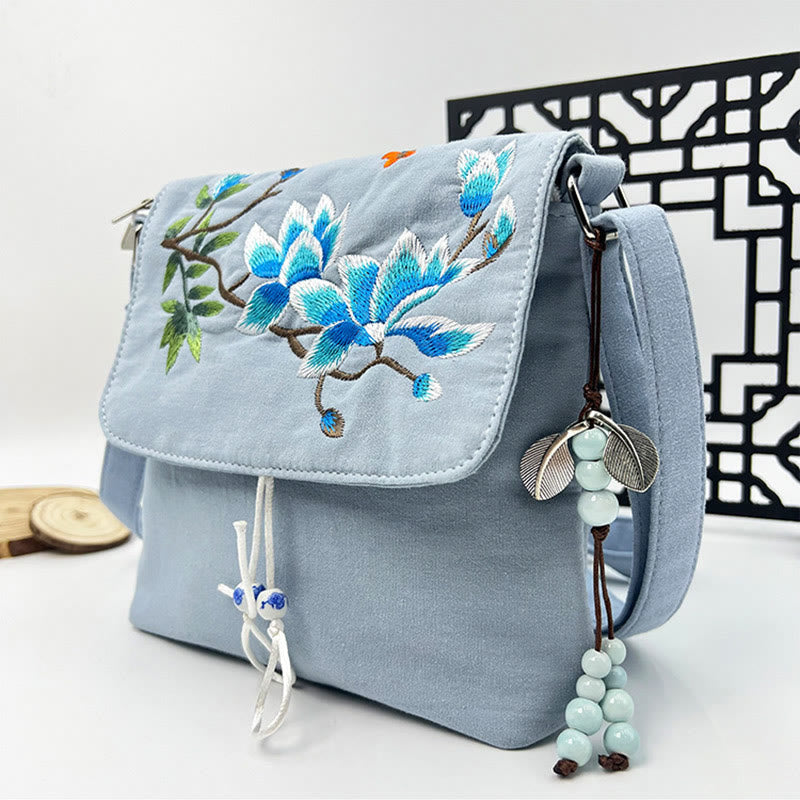 Sac à bandoulière brodé en Buddha Stones , camélia, épiphyllum, gardénia, fleurs de Sakura, sac à bandoulière, sac pour téléphone portable