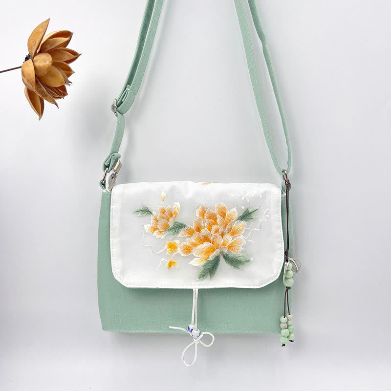 Sac à bandoulière brodé en Buddha Stones , camélia, épiphyllum, gardénia, fleurs de Sakura, sac à bandoulière, sac pour téléphone portable