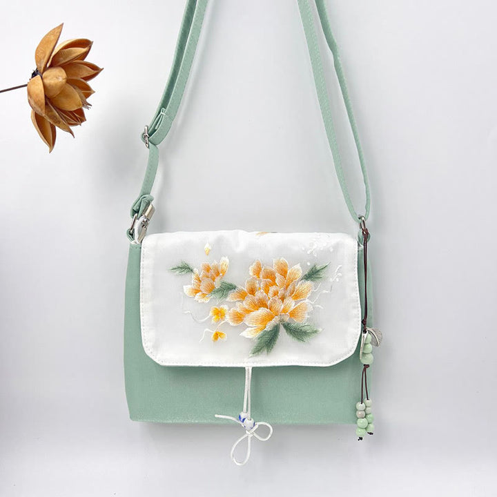 Sac à bandoulière brodé en Buddha Stones , camélia, épiphyllum, gardénia, fleurs de Sakura, sac à bandoulière, sac pour téléphone portable