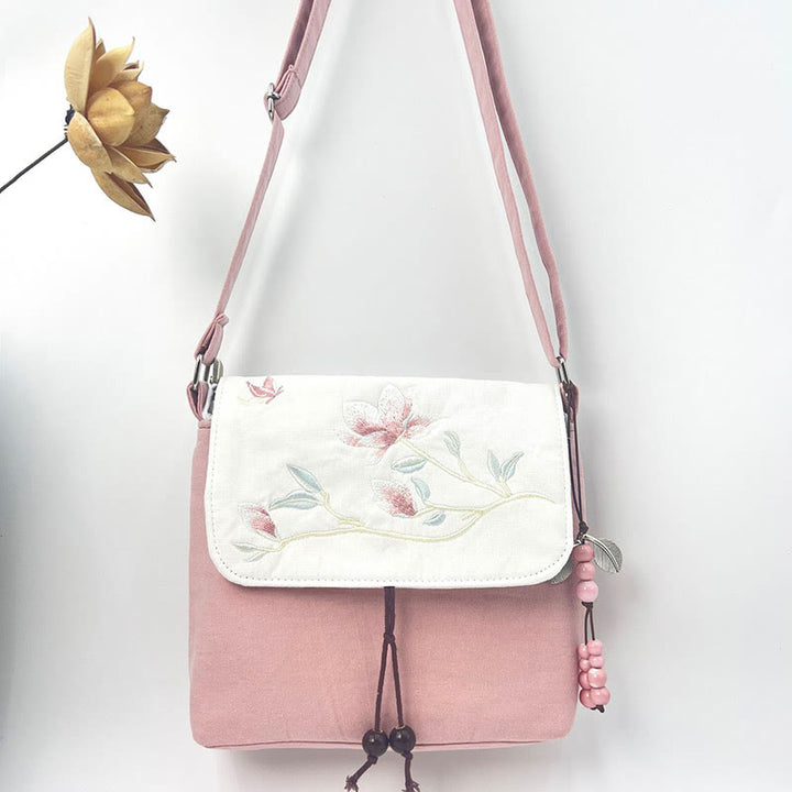 Sac à bandoulière brodé en Buddha Stones , camélia, épiphyllum, gardénia, fleurs de Sakura, sac à bandoulière, sac pour téléphone portable