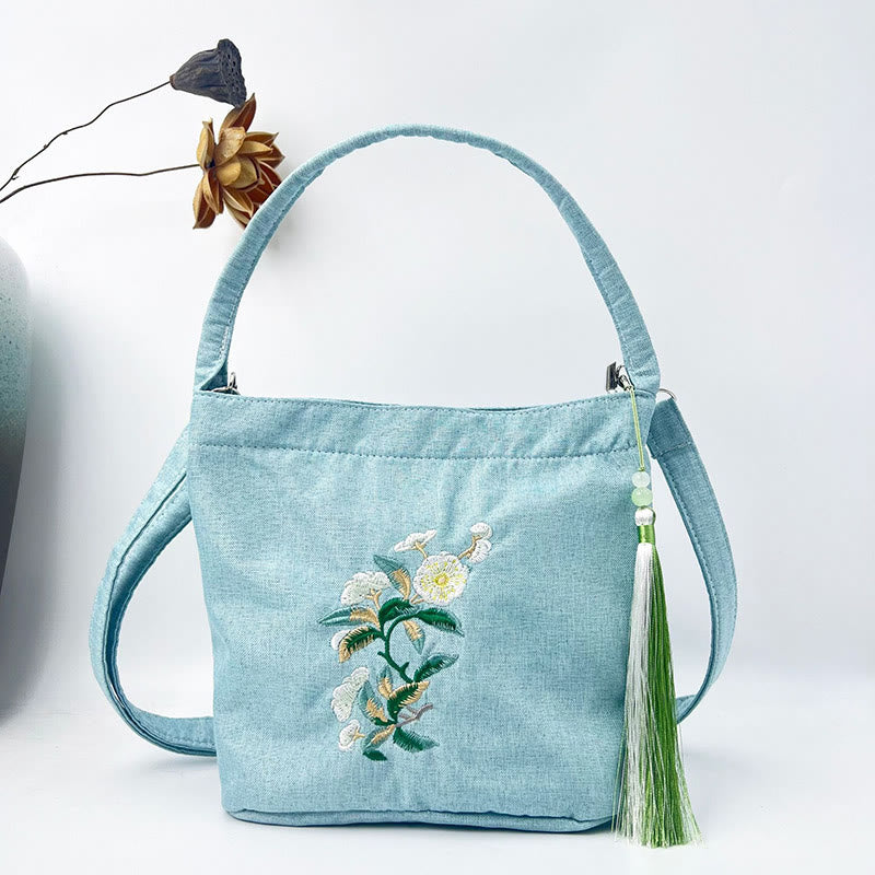Sac à bandoulière en toile de coton et lin avec broderie de Buddha Stones , glycine, prunier, lotus, fleur de cerisier