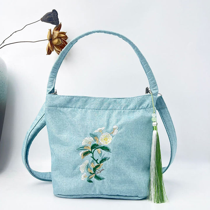 Sac à bandoulière en toile de coton et lin avec broderie de Buddha Stones , glycine, prunier, lotus, fleur de cerisier