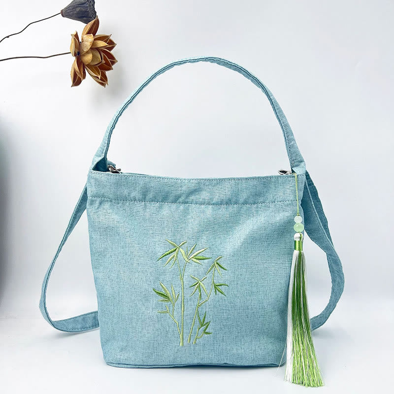 Sac à bandoulière en toile de coton et lin avec broderie de Buddha Stones , glycine, prunier, lotus, fleur de cerisier