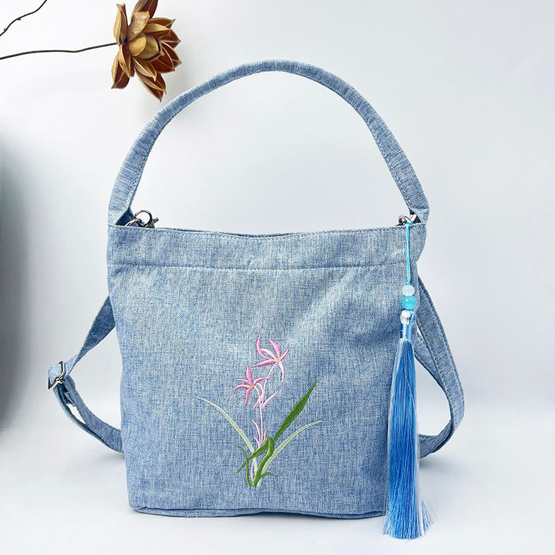 Sac à bandoulière en toile de coton et lin avec broderie de Buddha Stones , glycine, prunier, lotus, fleur de cerisier