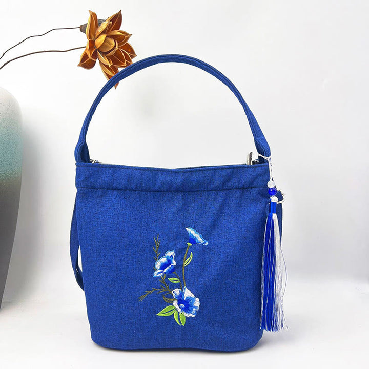 Sac à bandoulière en toile de coton et lin avec broderie de Buddha Stones , glycine, prunier, lotus, fleur de cerisier