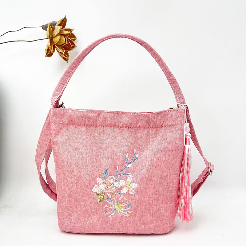 Sac à bandoulière en toile de coton et lin avec broderie de Buddha Stones , glycine, prunier, lotus, fleur de cerisier