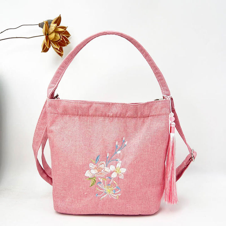 Sac à bandoulière en toile de coton et lin avec broderie de Buddha Stones , glycine, prunier, lotus, fleur de cerisier