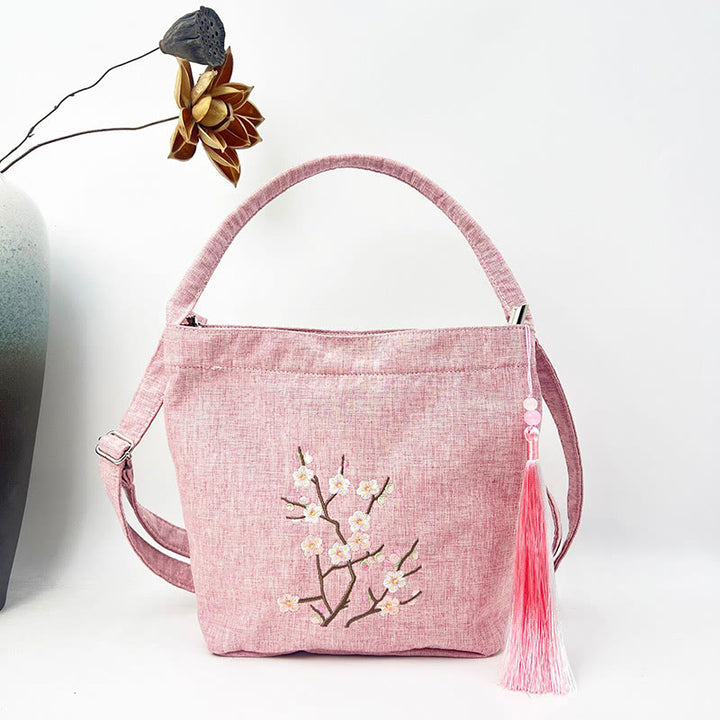 Sac à bandoulière en toile de coton et lin avec broderie de Buddha Stones , glycine, prunier, lotus, fleur de cerisier