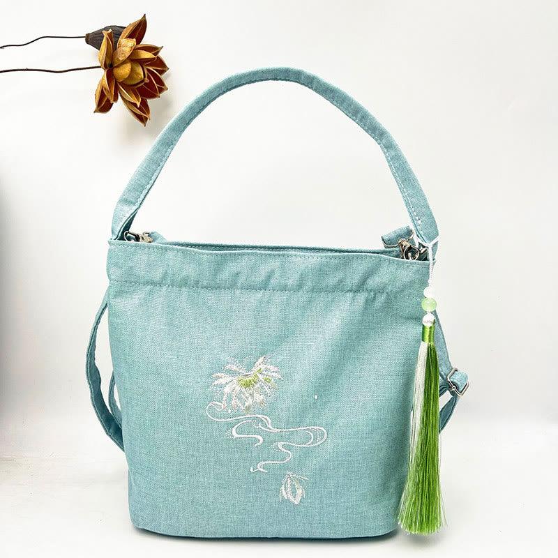 Sac à bandoulière en toile de coton et lin avec broderie de Buddha Stones , glycine, prunier, lotus, fleur de cerisier