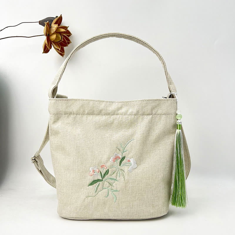 Sac à bandoulière en toile de coton et lin avec broderie de Buddha Stones , glycine, prunier, lotus, fleur de cerisier