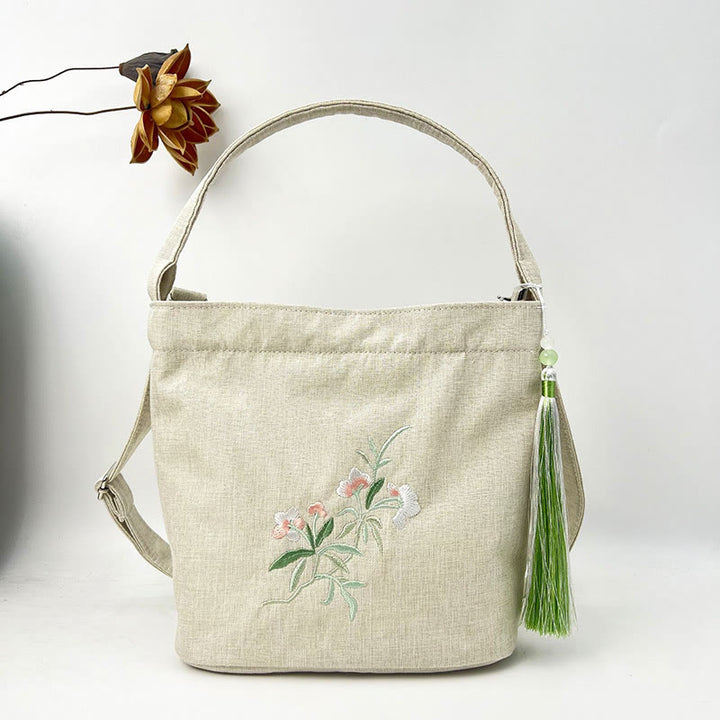 Sac à bandoulière en toile de coton et lin avec broderie de Buddha Stones , glycine, prunier, lotus, fleur de cerisier