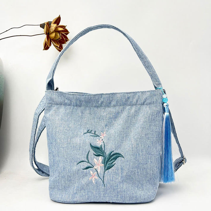 Sac à bandoulière en toile de coton et lin avec broderie de Buddha Stones , glycine, prunier, lotus, fleur de cerisier