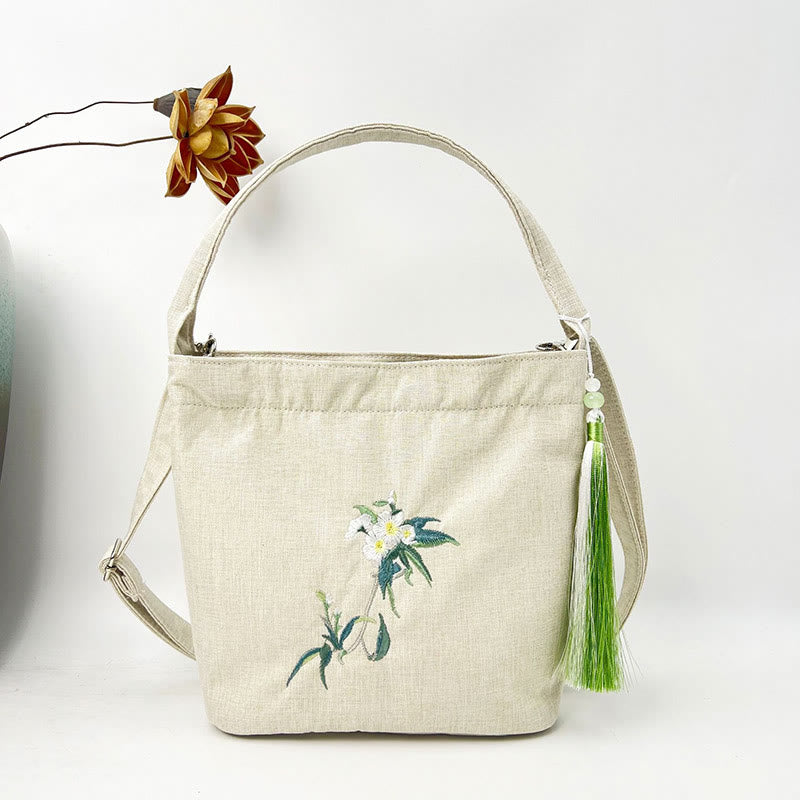 Sac à bandoulière en toile de coton et lin avec broderie de Buddha Stones , glycine, prunier, lotus, fleur de cerisier