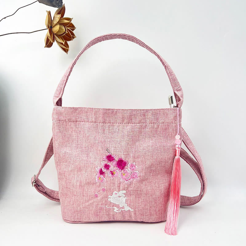 Sac à bandoulière en toile de coton et lin avec broderie de Buddha Stones , glycine, prunier, lotus, fleur de cerisier