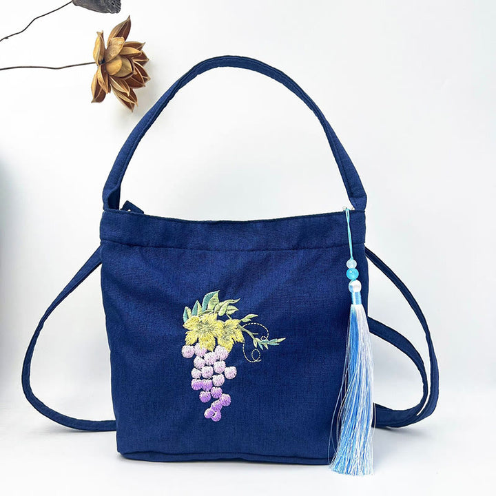Sac à bandoulière en toile de coton et lin avec broderie de Buddha Stones , glycine, prunier, lotus, fleur de cerisier