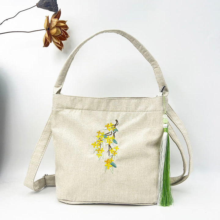 Sac à bandoulière en toile de coton et lin avec broderie de Buddha Stones , glycine, prunier, lotus, fleur de cerisier