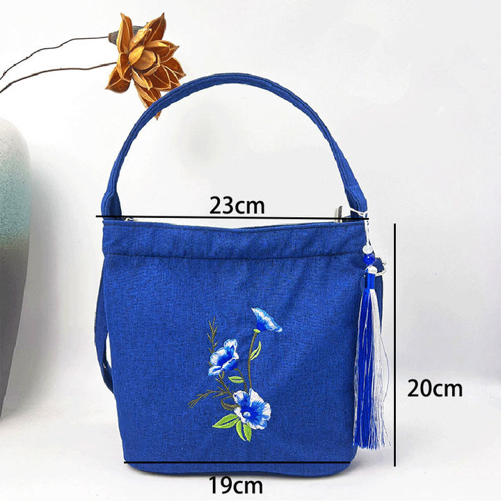 Sac à bandoulière en toile de coton et lin avec broderie de Buddha Stones , glycine, prunier, lotus, fleur de cerisier