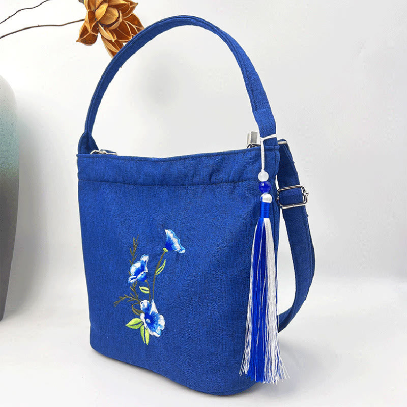 Sac à bandoulière en toile de coton et lin avec broderie de Buddha Stones , glycine, prunier, lotus, fleur de cerisier
