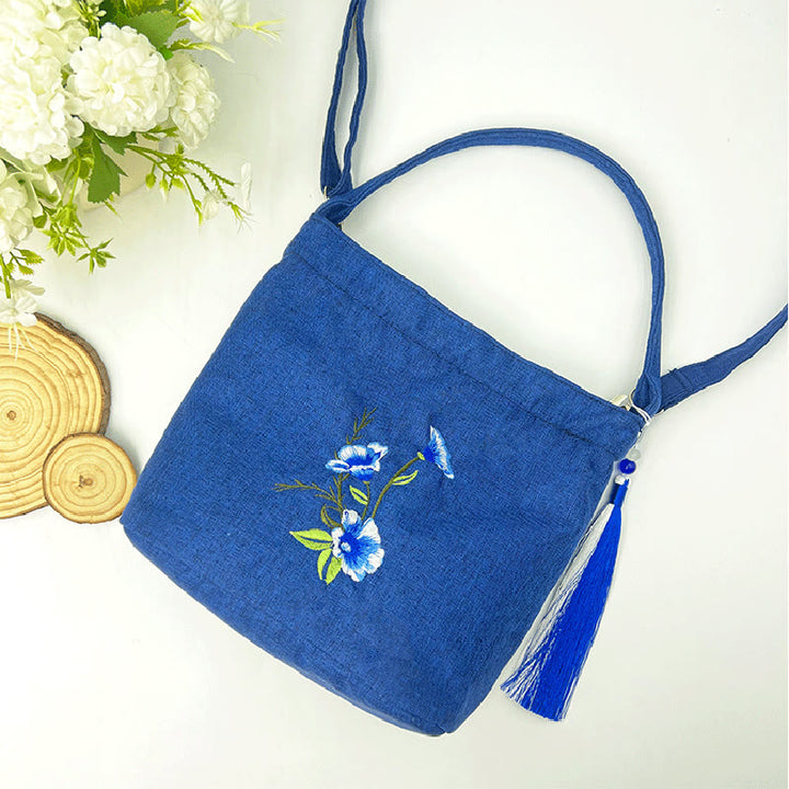 Sac à bandoulière en toile de coton et lin avec broderie de Buddha Stones , glycine, prunier, lotus, fleur de cerisier