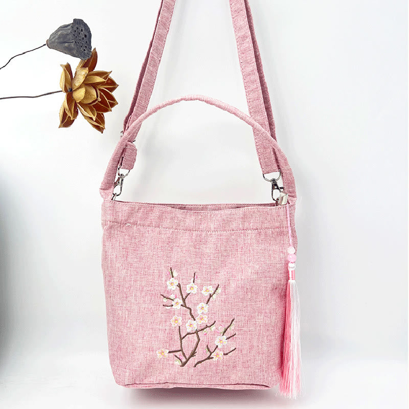 Sac à bandoulière en toile de coton et lin avec broderie de Buddha Stones , glycine, prunier, lotus, fleur de cerisier