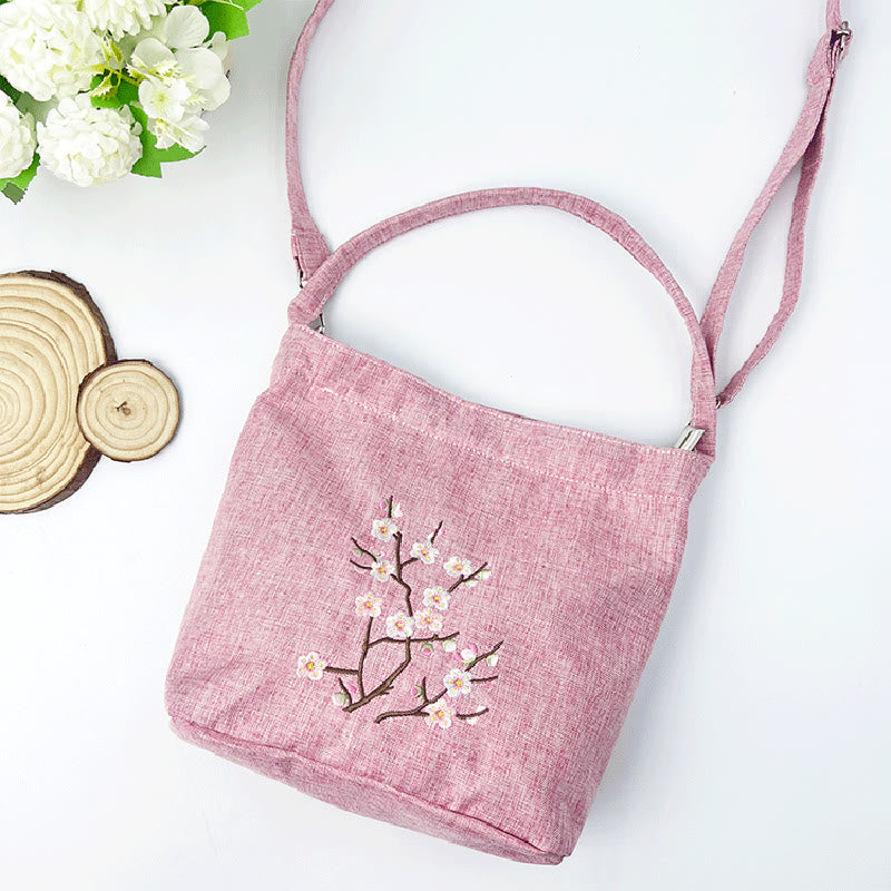 Sac à bandoulière en toile de coton et lin avec broderie de Buddha Stones , glycine, prunier, lotus, fleur de cerisier