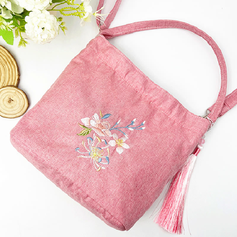 Sac à bandoulière en toile de coton et lin avec broderie de Buddha Stones , glycine, prunier, lotus, fleur de cerisier