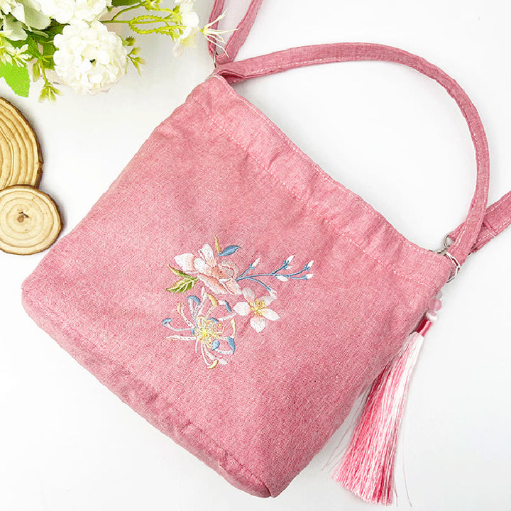Sac à bandoulière en toile de coton et lin avec broderie de Buddha Stones , glycine, prunier, lotus, fleur de cerisier