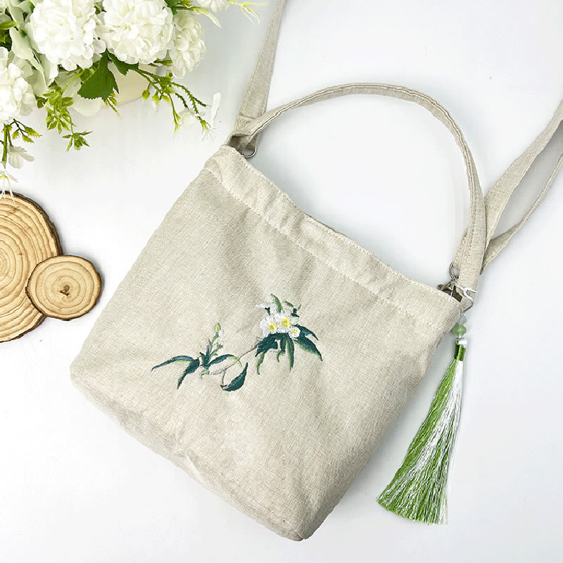 Sac à bandoulière en toile de coton et lin avec broderie de Buddha Stones , glycine, prunier, lotus, fleur de cerisier