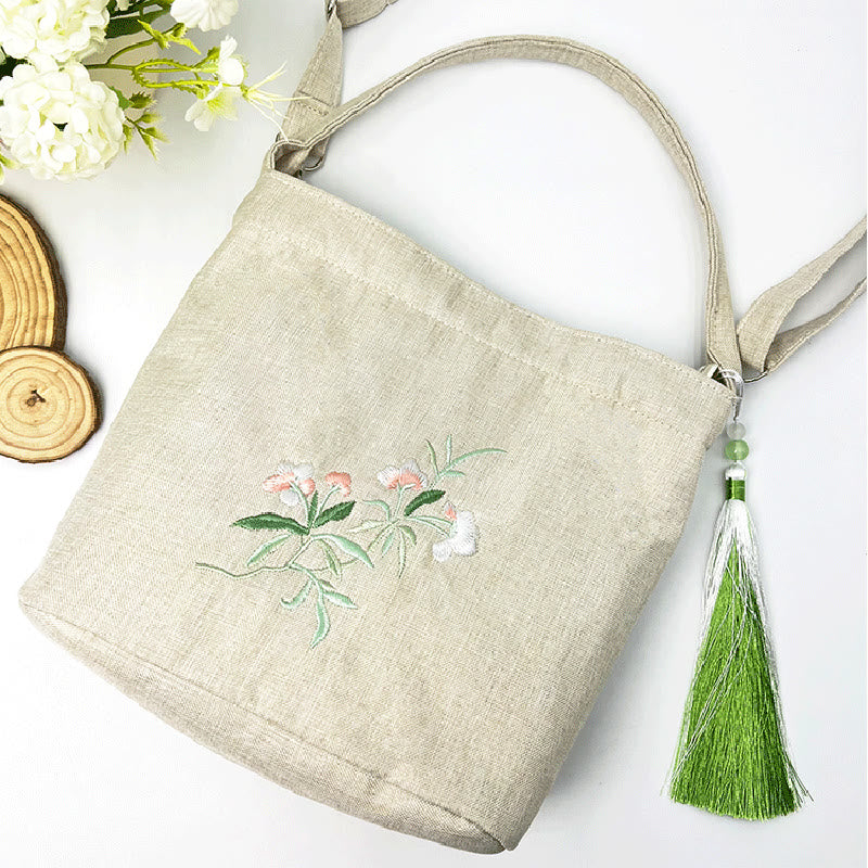 Sac à bandoulière en toile de coton et lin avec broderie de Buddha Stones , glycine, prunier, lotus, fleur de cerisier