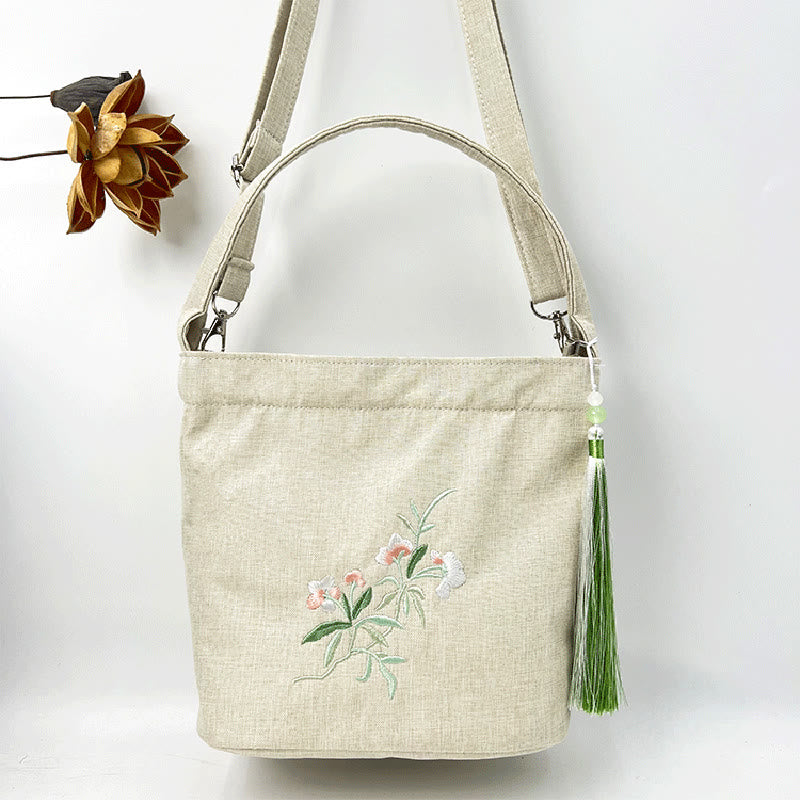 Sac à bandoulière en toile de coton et lin avec broderie de Buddha Stones , glycine, prunier, lotus, fleur de cerisier