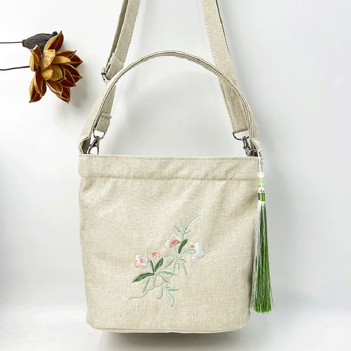 Sac à bandoulière en toile de coton et lin avec broderie de Buddha Stones , glycine, prunier, lotus, fleur de cerisier
