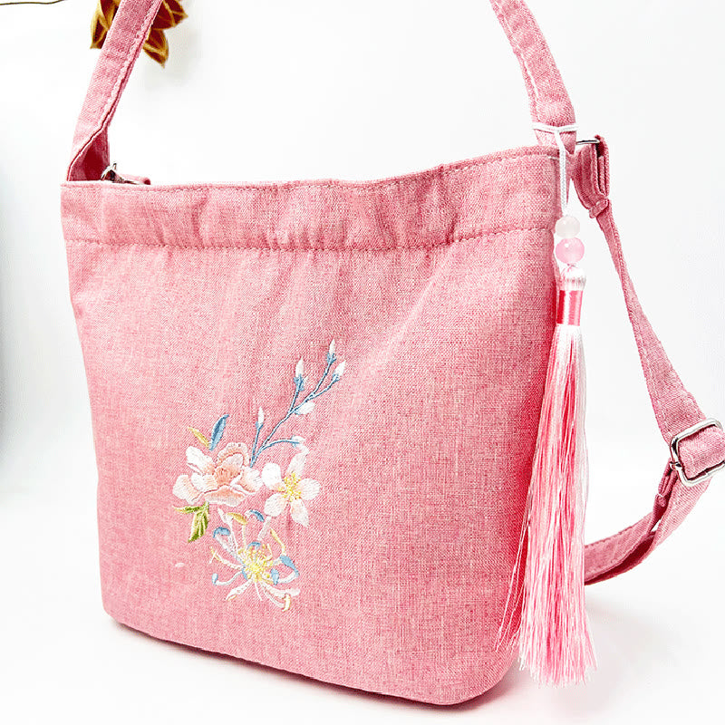 Sac à bandoulière en toile de coton et lin avec broderie de Buddha Stones , glycine, prunier, lotus, fleur de cerisier