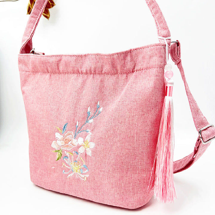 Sac à bandoulière en toile de coton et lin avec broderie de Buddha Stones , glycine, prunier, lotus, fleur de cerisier