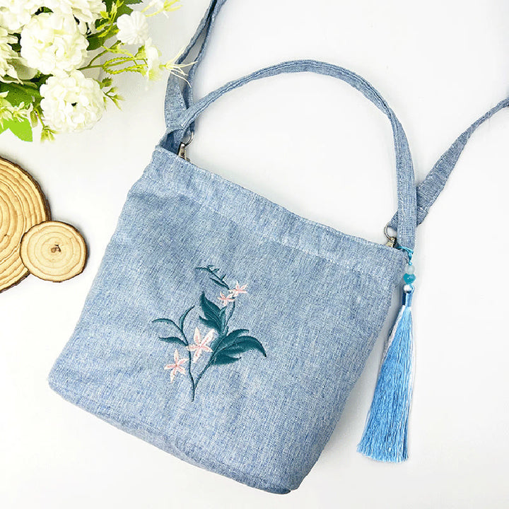 Sac à bandoulière en toile de coton et lin avec broderie de Buddha Stones , glycine, prunier, lotus, fleur de cerisier