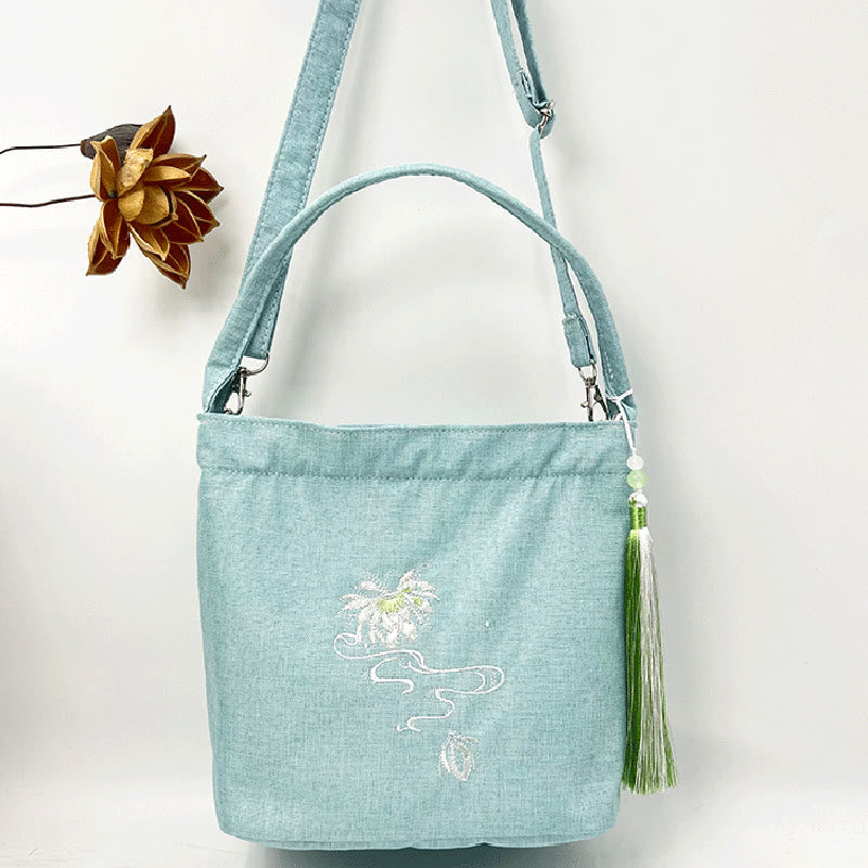 Sac à bandoulière en toile de coton et lin avec broderie de Buddha Stones , glycine, prunier, lotus, fleur de cerisier