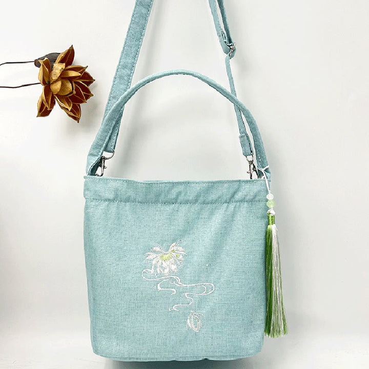 Sac à bandoulière en toile de coton et lin avec broderie de Buddha Stones , glycine, prunier, lotus, fleur de cerisier