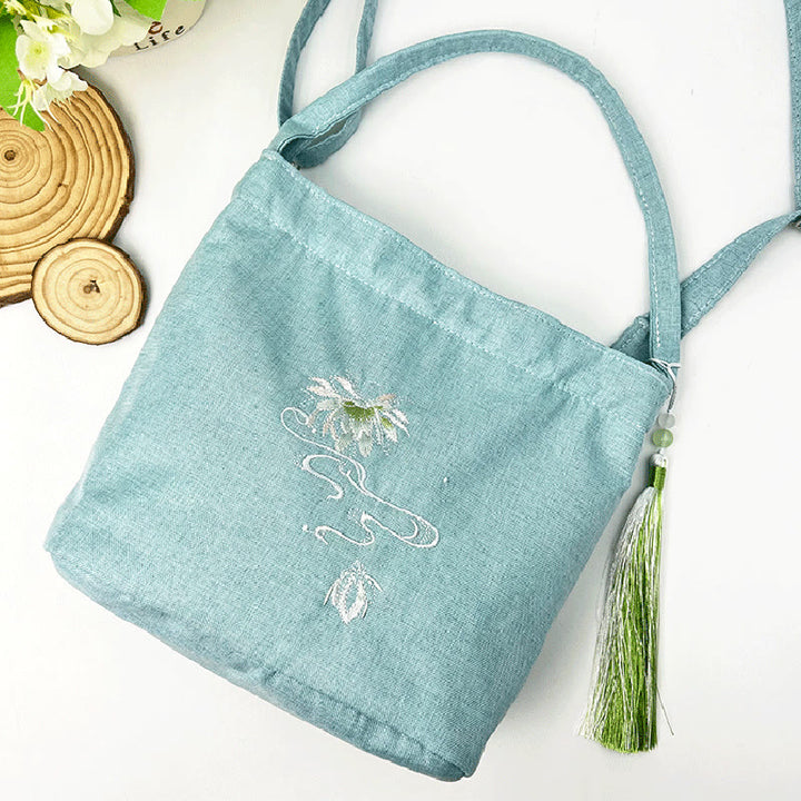 Sac à bandoulière en toile de coton et lin avec broderie de Buddha Stones , glycine, prunier, lotus, fleur de cerisier