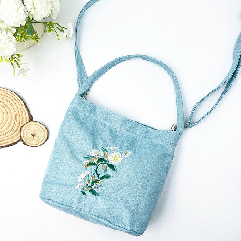 Sac à bandoulière en toile de coton et lin avec broderie de Buddha Stones , glycine, prunier, lotus, fleur de cerisier