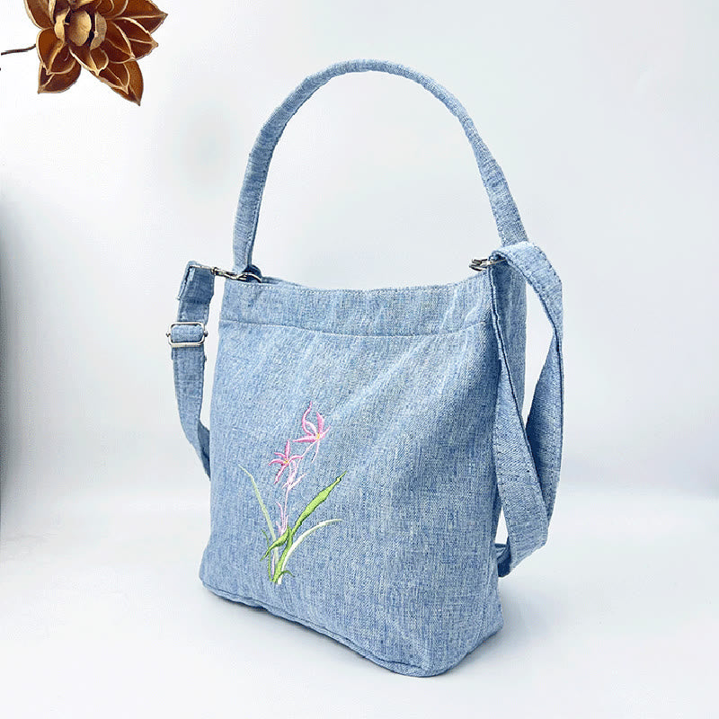 Sac à bandoulière en toile de coton et lin avec broderie de Buddha Stones , glycine, prunier, lotus, fleur de cerisier