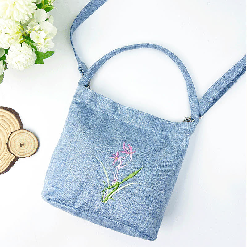 Sac à bandoulière en toile de coton et lin avec broderie de Buddha Stones , glycine, prunier, lotus, fleur de cerisier