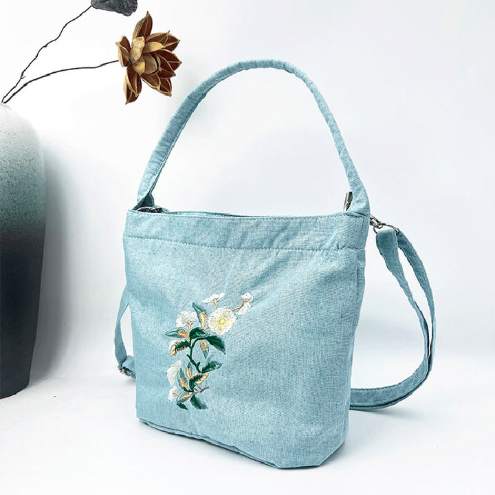Sac à bandoulière en toile de coton et lin avec broderie de Buddha Stones , glycine, prunier, lotus, fleur de cerisier